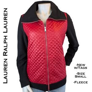 Lauren Ralph Lauren Fleece Jacket Small Black Red Quilted Full Zip Front NEW
